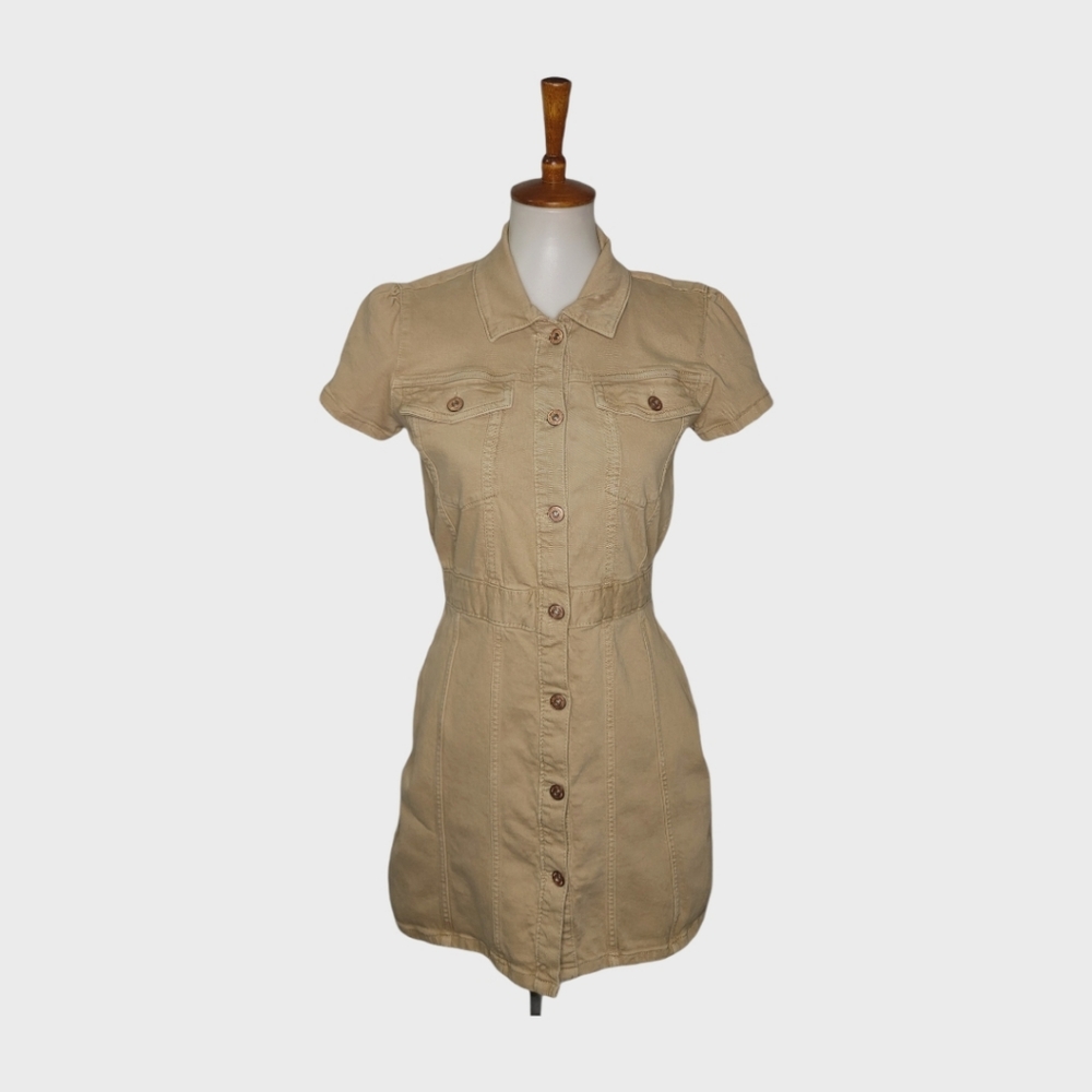 Zara Size M Khaki Button Down Denim A-Line Dress